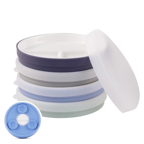 Image of Elk and Friends Kids 6.7” Porcelain Divided Plates with Silicone Suction Sleeves + Silicone Lids | Suitable for Babies/Kids/Toddlers | Microwave & Dishwasher Safe | Non Slip | Snack Dishes | 4 Pack