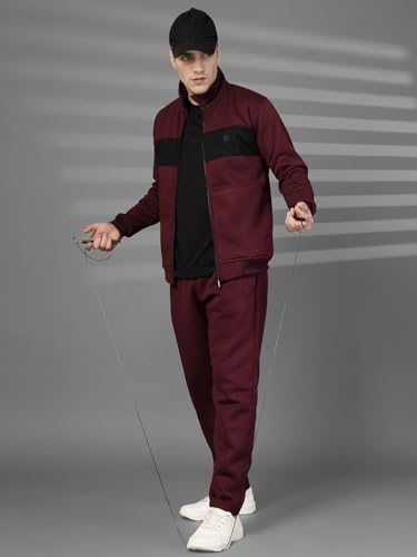 Image of CHKOKKO Mens High Neck Winter Tracksuit Full Zip Jacket with Elastic Waist Lower Warm and Soft Activewear Set for Gym Running and Casual Use Wine Black M