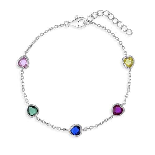 925 Sterling Silver Multicolored Bezel Heart Linked Bracelet For Little Girls - Children's Heart Themed Bracelets - Colorful Bezel Bracelet For Young Girls