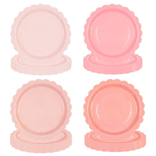 HFBOBP 48Pcs Dusty Pink Paper Plates 7 Inch Gradient Light Scalloped Dessert Plates Tableware Supplies for Birthday Garden Party Afternoon Tea Wedding
