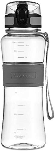 Swig Savvy Sports Water Bottle, Motivational Time Marker, Wide Mouth Leakproof Lid, Silicone Sleeve,18oz (Purple)