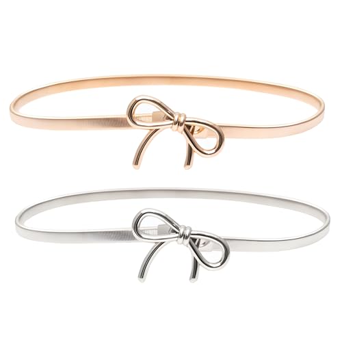 panthra 2 Pcs Metal Belts for Women, Skinny Stretchy Adjustable Waist Bow Belts for Women for Women's Dress Formal Jeans Shirt (Gold + Silver)
