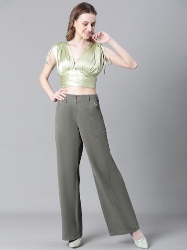 Image of oxolloxo Women Solid V-Neck Elasticated Tie-Up Satin Crop Top