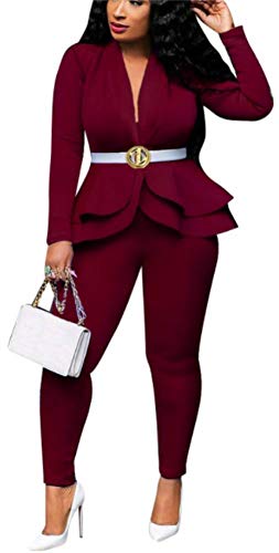 Two Piece Outfits for Women Sexy - Long Sleeve V Neck Ruffle Raw Hem Pullover Tops Skinny Long Pants Sets Tracksuit Wine
