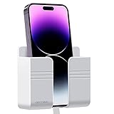 DECOBAY D1 Wall Mount Phone Holder, Phone Stand with Adhesive and Data Cable Receiving Hole, Phone Holder for Shower, Charging, RV, Compatible with iPhone, TV Remote, Smartphone and More (White)