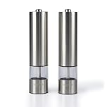 Salter 7522 SSTUR Electric Salt & Pepper Grinder Set – Stainless Steel Mills, Push Button Operation, Battery Powered, Ceramic Mechanism, Adjustable Fine to Coarse Grind, 66g Sea Salt/30g Peppercorns