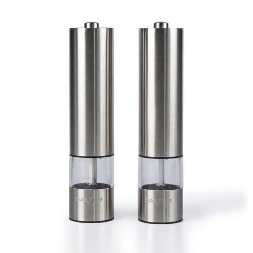 Salter 7522 SSTUR Electric Salt & Pepper Grinder Set – Stainless Steel Mills, Push Button Operation, Battery Powered, Ceramic Mechanism, Adjustable Fine to Coarse Grind, 66g Sea Salt/30g Peppercorns
