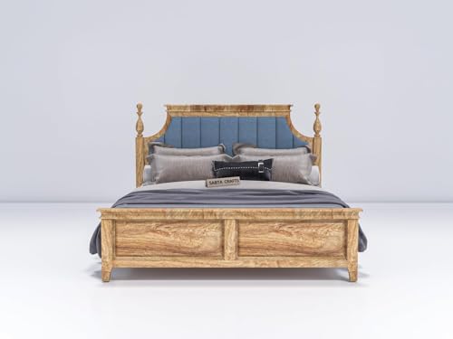 Image of Craft Solid Sheesham Wood Low Height King Size Bed Without Storage | Wooden Double Bed | Low Floor /Lying /Rise /Level /Profile Cot with Blue Upholstered Cushioned Headboard, Teak Finish-B24