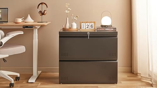 Image of Guizeeopo Metal File Cabinet with Lock, 2 Drawer Lateral File Cabinets for Home Office, Printer Stand, Heavy Duty Office Storage Cabinet for A4 /Letter /Legal Size, Assembly Required(Black)