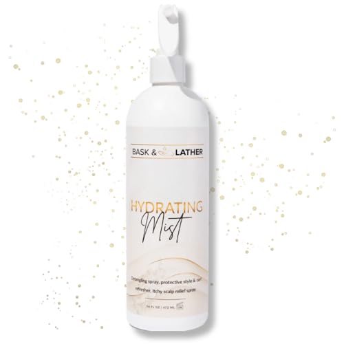 BASK & LATHER Hydrating Hair Mist Leave-In Conditioner Itchy Scalp Relief Detangler Curl Definer Aloe Vera Avocado Oil For All Hair Types (16 oz)