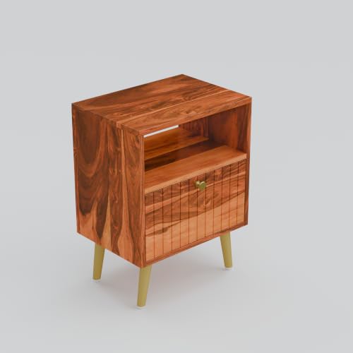 Image of Solid Sheesham Wood Bedside Table with Storage Cabinet & Open Shelf | Wooden Nightstand with Fluted Door, Gold Finish Metal Legs & Brass Knob (Honey Finish)