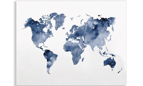 YUPPOG Arte de parede com mapa do mundo azul cartazes de mapa da marinha presente de viajante pintura abstrata em tela imagens impressas com aguarela para decoração para sala de estar - sem moldura