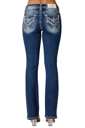 Miss Me Women's Muted X Embellished Faux Flap Pockets Mid-Rise Bootcut Jeans