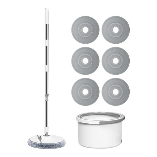 SVCEQZE Mopa giratoria y cubo | Mopa de microfibra con escurridor - 6 almohadillas reemplazables suministros de limpieza para el hogar con mango telescópico para lechada de azulejos de madera dura