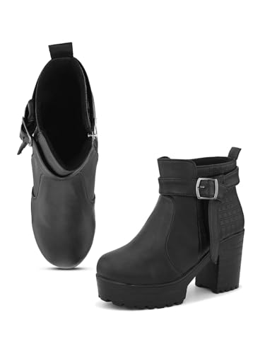Image of XE Looks Fashionable & Trendy Block Heel Ankle Boots for Women with Buckle Detail and Zipper Closure, Ideal for Casual and Dressy Outfits for Women & Girls