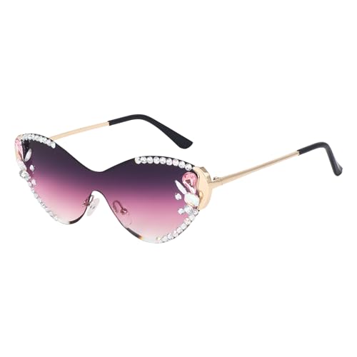Image of Dervin Cat Eye Sunglasses for Women - UV400 Protection, Rimless Flower Diamond-Cut Lens, Trendy Driving Shades for Women