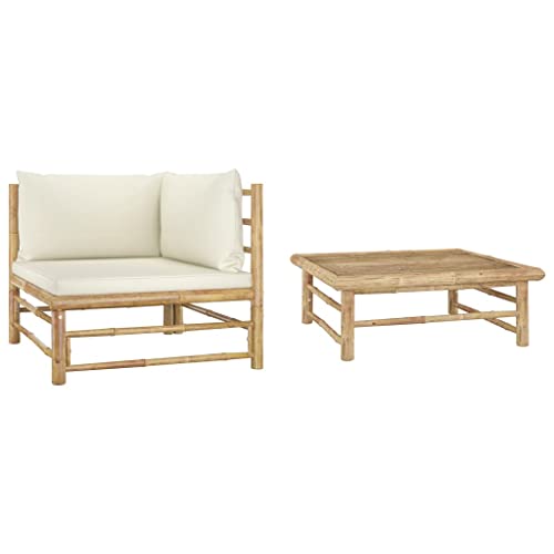 INLIFE Juego de sofás de jardín de 2 piezas con cojines, color blanco crema, de bambú, muebles de jardín (15 kg)