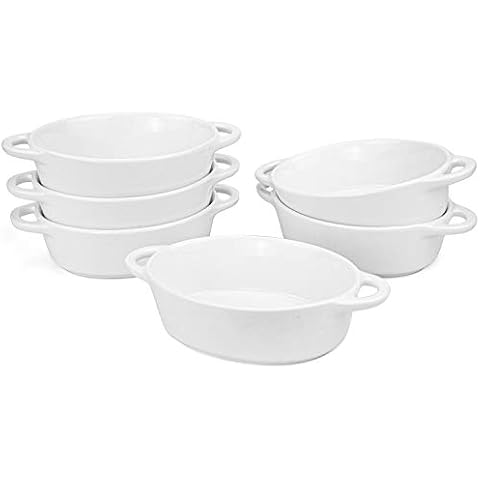 Foraineam 6-Pack Porcelain Ramekins, 10 Ounce Oval Ceramic Creme Brulee Souffle Baking Ramekin Dishes Bowl with Double Handles Cover