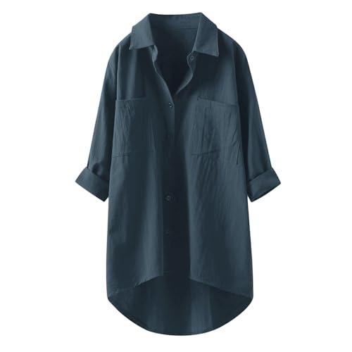 Chemise lin femme grande taille manche longue tunique été unie coton haut tendance