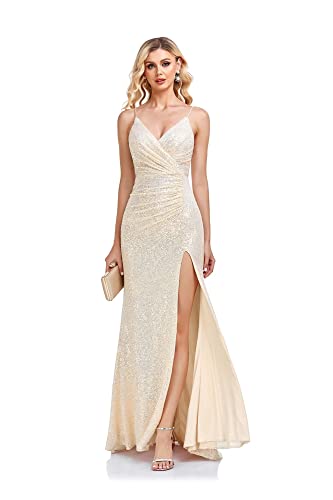 ForElise Sparkly Sequin Mermaid Prom Dresses 2025 with Slit Spaghetti Straps Long Formal Evening Gown2