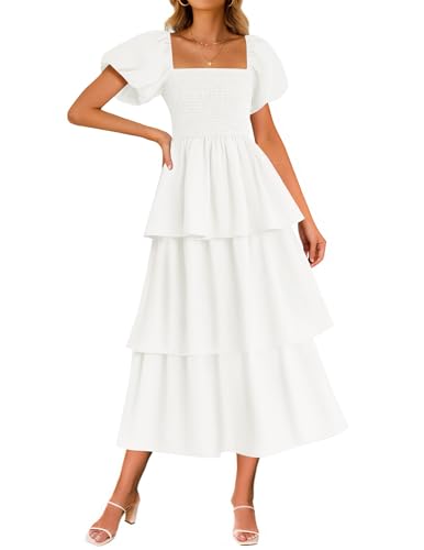 ZESICA Women's 2025 Summer Boho Midi Dress Short Puff Sleeve Flow...