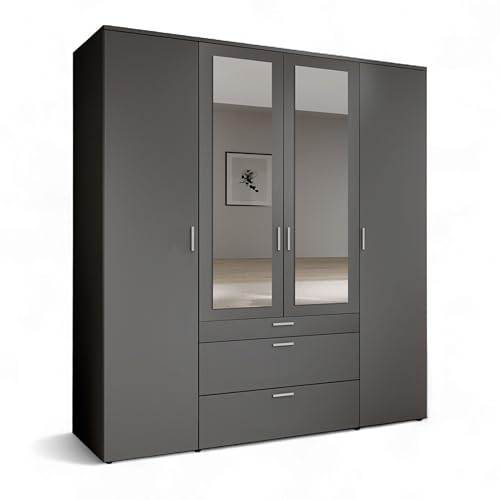 Stella Trading VESALA Kleiderschrank mit Spiegeltüren in Graphit - Vielseitiger Drehtürenschrank 4-türig für Ihr Schlafzimmer - 180 x 195 x 56 cm (B/H/T)