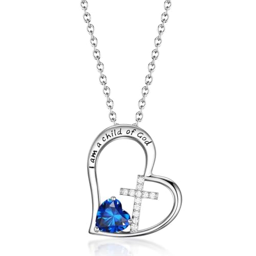 I Am a Child of God Heart Cross Birthstone Necklace for Girls Baptism Gifts First Communion Gifts Easter Birthday Christmas Gifts Jewelry for Goddaughter Godchild Teens Girls Women