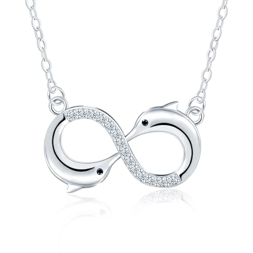 MICGIGI Collar de plata de ley 925 para mujer, doble delfín en forma de circonita cúbica, colgante de plata, Plata