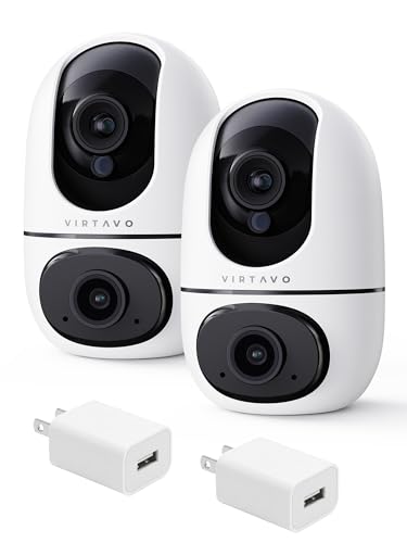 virtavo XD1 Indoor Pet & Baby Camera, No Subscription Required, Dual-Lens 360° PTZ, Motion Tracking, 2-Way Audio, Night Vision, Cloud/SD Storage, Phone App, WiFi, 2-Pack, Power Adapter Included
