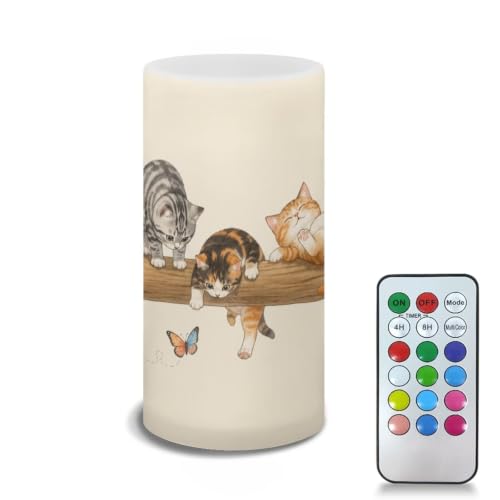 Image of Poceacles Flameless LED Candle Battery Powered Votive Lights Realistic Pillar Candle Decorative Tea Lights for Home Party Indoor Outdoor Decor, Cute Cat Butterfly Beige