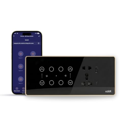 Image of AZIOT Smart Premium Toughened Glass Touch Switch Panel | Elevate 8 Module (4 Switch + 2 Fan + Socket) | WiFi + BLE | No Hub Required | Compatible with Alexa, Google Assistant & Siri | Black