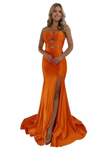 Kncpti Women's Strapless Prom Dresses Mermaid Sparkly Sequin Cutout Long Evening Gowns Formal Cocktail Party Dress with Slit Orange 14