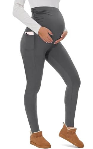 Yutdeng Leggins Premama Invierno Leggins Embarazada Mujer Mallas Termicas con Bolsillos Cintura Alta Elásticos Pantalones Premama Forro Polar Fino Maternidad Ropa Premama Embarazada,Gris,XL