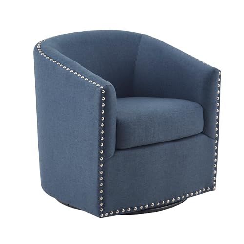Madison Park Swivel Barrel Accent Chair, Upholstered Curved Back with 7-Inch Thick Woven Cushion, 360° Swivel, Nailhead Trim, Comfy Chair for Living Room, Bedroom, Office, 28' Wide, Blue, Tyler