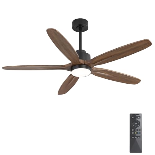 Image of WINGBO 54 inch Ceiling Fan with Light - 5 Carved Solid Wood Blades, 6-Speed Reversible DC Motor, Dimmable, 3CCT, Noiseless Remote Control Ceiling Fans with Lights for Bedroom Living Room, Black and Wood