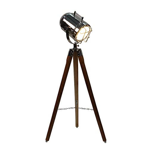 Image of Industrial Tripod Floor Lamp with Chrome Spotlight Head | Adjustable Wooden Studio Light for Home Decor - 37 Inch Height (Win Nickle)