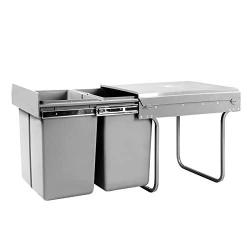 Cefito Rubbish Bin, 20L Twin Kitchen Pull Out Waste Bins Small Dual Under Sink Slide Garbage Trash Dustbin Basket Home Storage Container, with Lids Sliding Grey