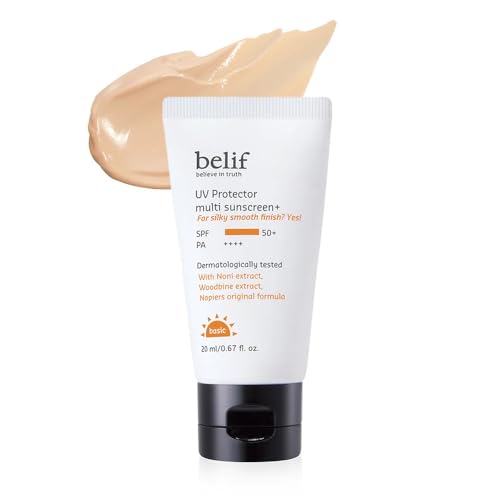 Image of Belif UV Protector Multi Tinted Sunscreen | Broad Spectrum SPF | Hybrid Filters with Natural Herbs | No White Cast, Water & Sweat Resistant | Brightening, Anti-Aging & Makeup Friendly, 20ml