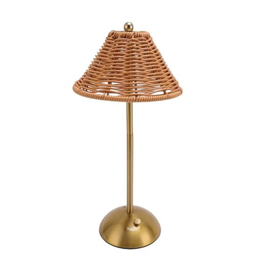 HELEVIA Cordless Boho Rattan Table Lamp, Wicker Lamp, Rechargeable Dimmable LED Bedside Lamps Decorative Lighting for Home Restaurant Hotel Dining Table
