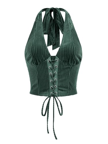 Verdusa Women's 2026 Going Out Halter Corset Tops Sleeveless Lace Up Open Back Crop Top Dark Green Medium