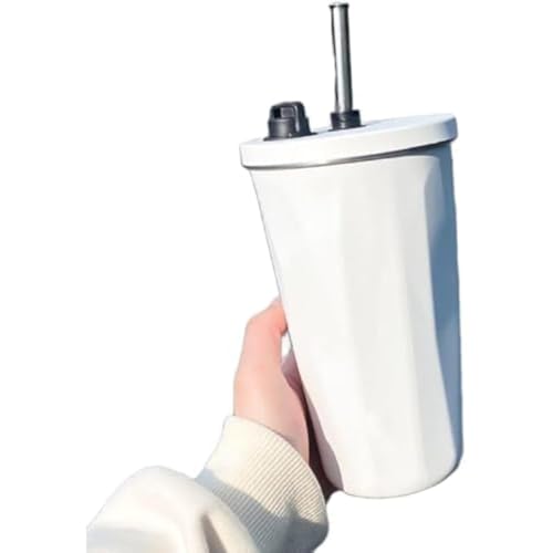 HeyDear ストロー付き 真空断熱タンブラー 600ML 大容量 保温保冷 二重構造 ステンレス製 男女通用 便利 軽量 ポータブル パールホワイト