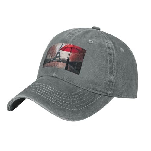 JGHHOUN Eiffel Tower with Red Umbrella Print Breathable Washed Denim Baseball Cap Outdoor Festival Travel Golf Fishing Camping, Gray, One Size