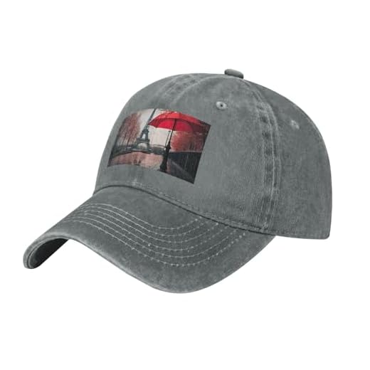 JGHHOUN Eiffel Tower with Red Umbrella Print Breathable Washed Denim Baseball Cap Outdoor Festival Travel Golf Fishing Camping, Gray, One Size