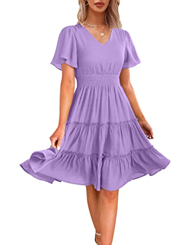 Zattcas Women 2025 Sping Summer Dress Short Sleeve V Neck Smocked Casual Flowy A Line Tiered Modest Teacher Work Graduation Wedding Guest Midi Dress Lavender L