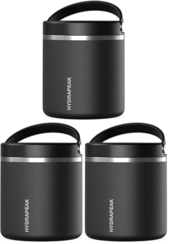 Image of Hydrapeak 25oz Stainless Steel Vacuum Insulated Food Jar for Hot Food and Cold Food, Wide Mouth Leak-Proof Soup Jar for Adults, 10 Hours Hot and 16 Hours Cold (Black) (Pack of 3)