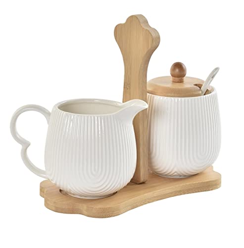Sarero y Azucarero de Porcelana Blanco con Tapa de Madera Estilo Nordico