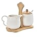 D,casa - Set Azucarero con Cucharilla y Jarrita Lechera Porcelana Blanco con Soporte Madera Nordico (Jarra y Lechera)