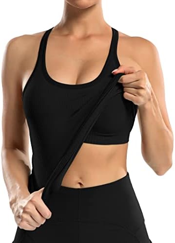 ATTRACO Black Workout Tops for Women Built in Bra Tank Tops Racer Back Yoga Tops Slim Fit — view 3
