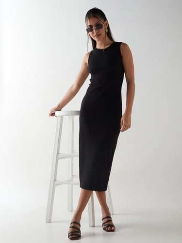 Image of Bewakoof Women's Calf Length Solid Slim Fit Sleeveless Round Neck Cotton Blend Bodycon Dress