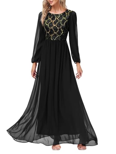 Women's Sparkly Sequin Dress Chiffon Long Sleeves Evening Gowns Mother of The Bride Bridesmaid Formal Maxi Dresses